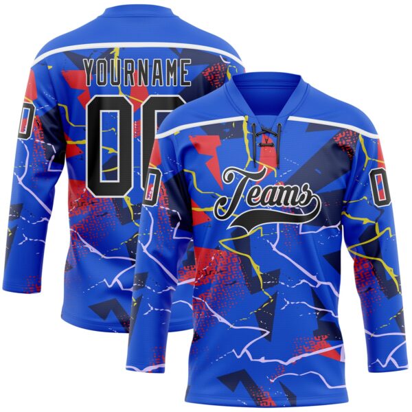 Custom Thunder Blue Black Red Yellow-White Lightning Hockey Lace Neck Jersey