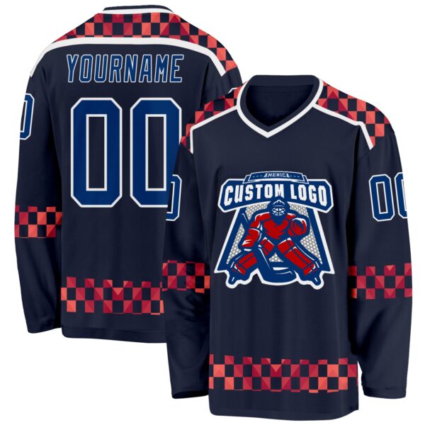 Custom Navy US Navy Blue Red-White Plaid Hockey Jersey