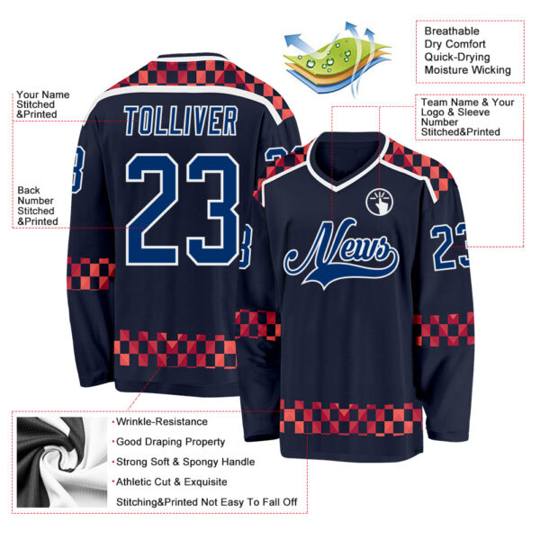 Custom Navy US Navy Blue Red-White Plaid Hockey Jersey