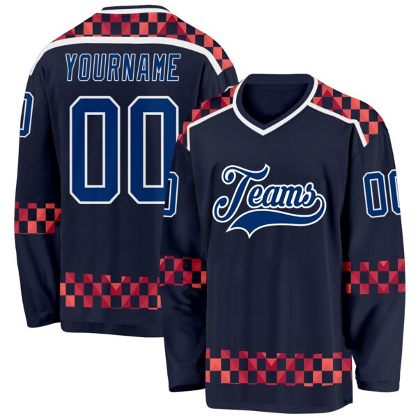 Custom Navy US Navy Blue Red-White Plaid Hockey Jersey