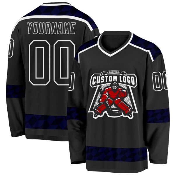 Custom Black Blue-White Plaid Hockey Jersey