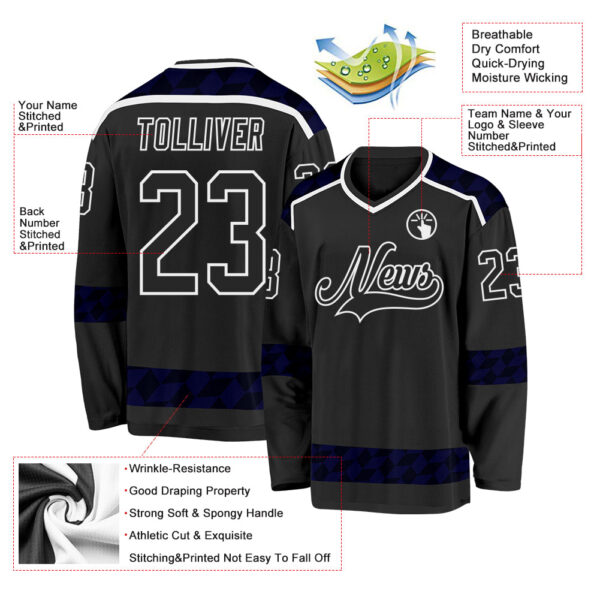 Custom Black Blue-White Plaid Hockey Jersey