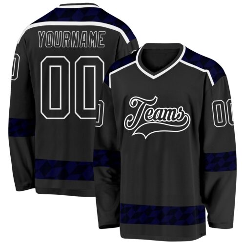 Custom Black Blue-White Plaid Hockey Jersey