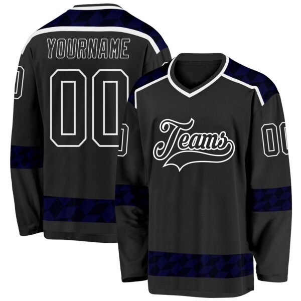 Custom Black Blue-White Plaid Hockey Jersey
