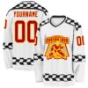 Custom White Red Gold-Black Plaid Hockey Jersey