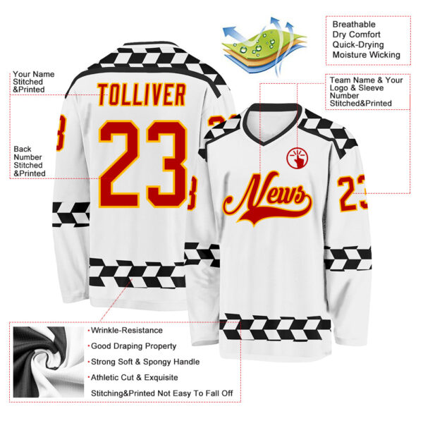 Custom White Red Gold-Black Plaid Hockey Jersey