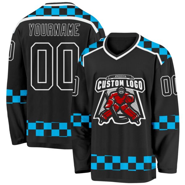 Custom Black Blue-White Plaid Hockey Jersey
