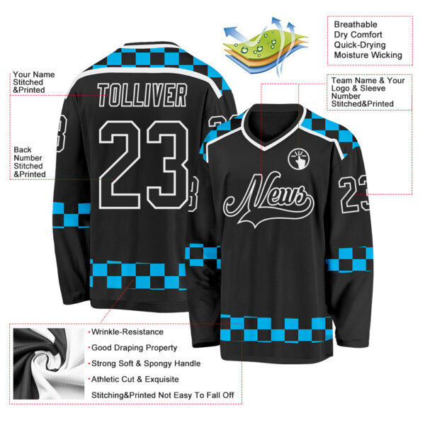 Custom Black Blue-White Plaid Hockey Jersey