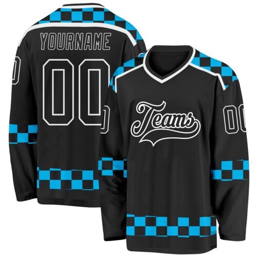 Custom Black Blue-White Plaid Hockey Jersey