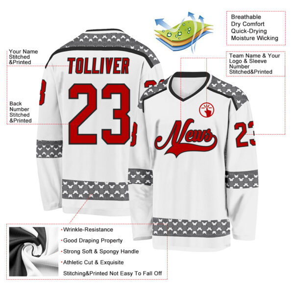 Custom White Red Gray-Black Plaid Hockey Jersey