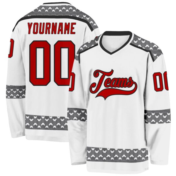 Custom White Red Gray-Black Plaid Hockey Jersey