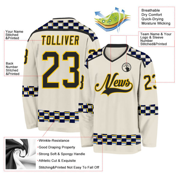 Custom Cream Black Yellow Red-Blue Plaid Hockey Jersey