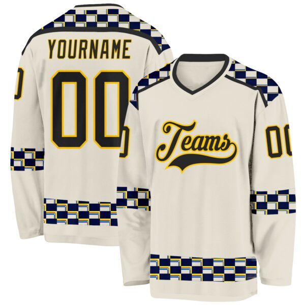 Custom Cream Black Yellow Red-Blue Plaid Hockey Jersey