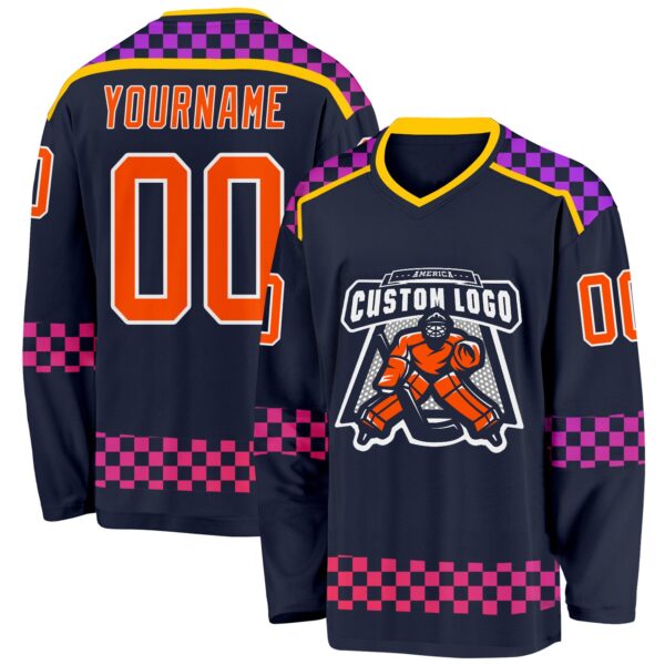 Custom Navy Orange Purple Pink-White Plaid Hockey Jersey