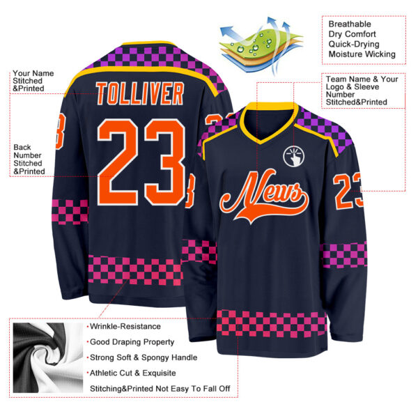 Custom Navy Orange Purple Pink-White Plaid Hockey Jersey