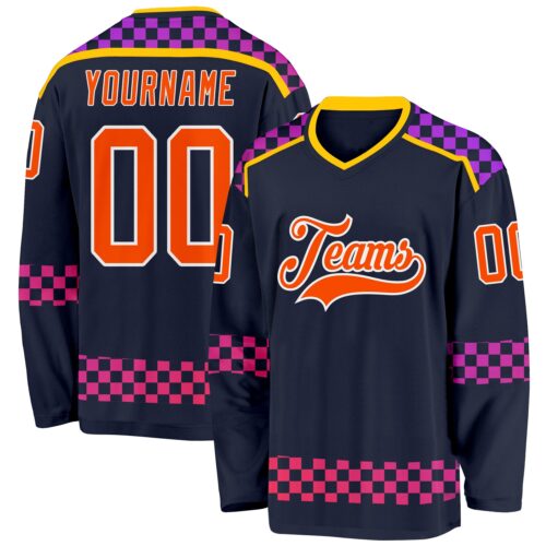 Custom Navy Orange Purple Pink-White Plaid Hockey Jersey