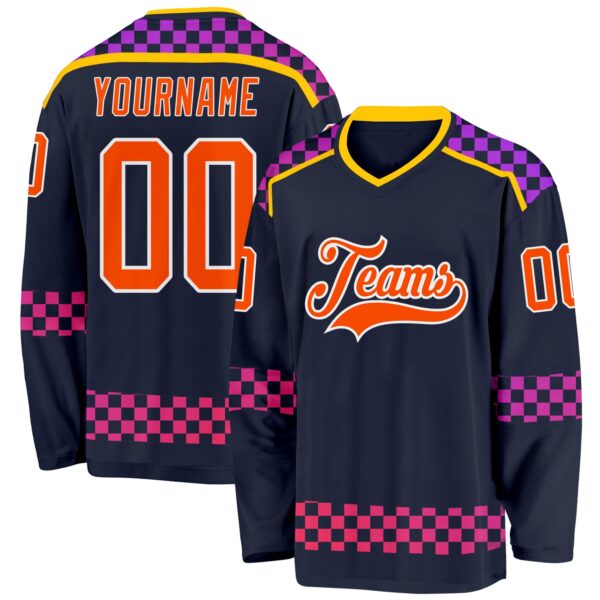 Custom Navy Orange Purple Pink-White Plaid Hockey Jersey