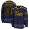 Custom Navy Black Yellow Pink-Ice Blue Plaid Hockey Jersey