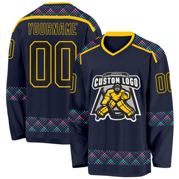 Custom Navy Black Yellow Pink-Ice Blue Plaid Hockey Jersey