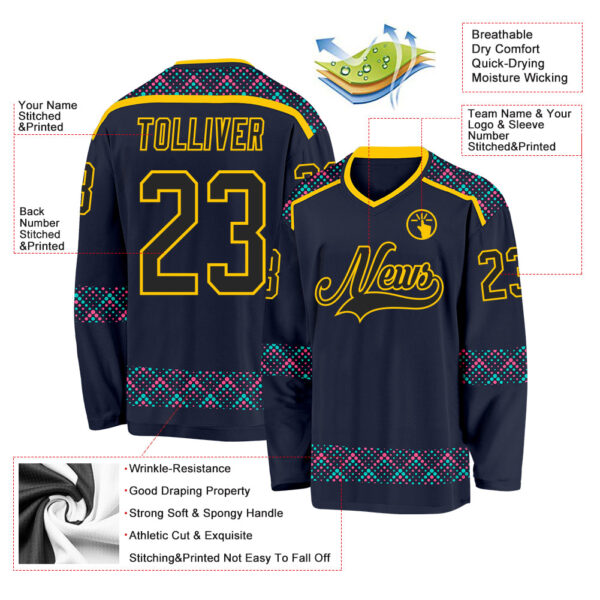Custom Navy Black Yellow Pink-Ice Blue Plaid Hockey Jersey