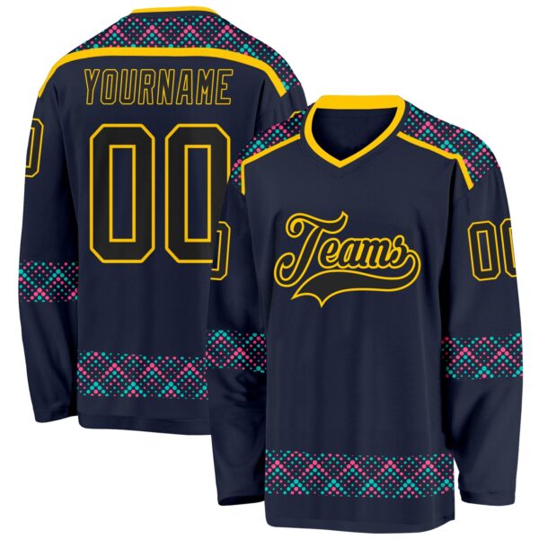 Custom Navy Black Yellow Pink-Ice Blue Plaid Hockey Jersey