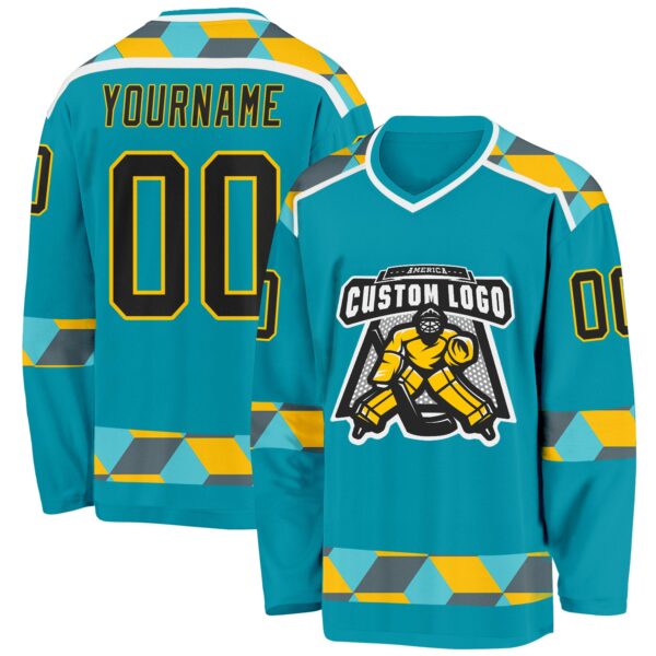 Custom Teal Black Yellow Gray-White Plaid Hockey Jersey