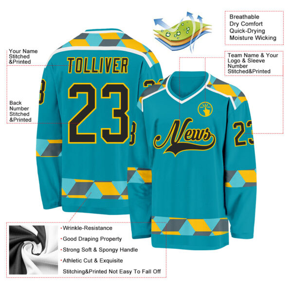 Custom Teal Black Yellow Gray-White Plaid Hockey Jersey