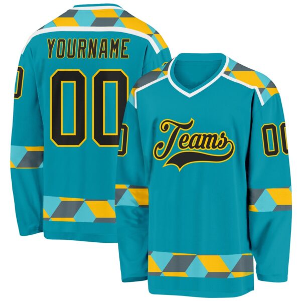 Custom Teal Black Yellow Gray-White Plaid Hockey Jersey