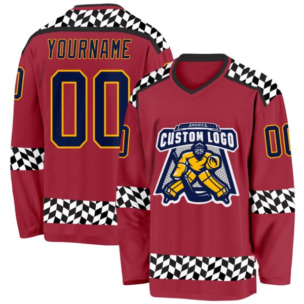 Custom Maroon Navy Gold Black-White Plaid Hockey Jersey