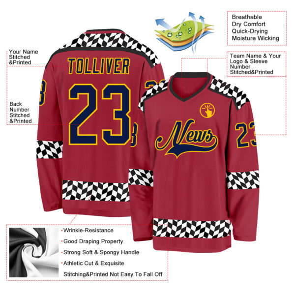 Custom Maroon Navy Gold Black-White Plaid Hockey Jersey