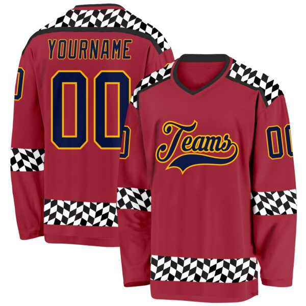 Custom Maroon Navy Gold Black-White Plaid Hockey Jersey
