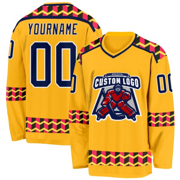Custom Gold Navy Pink Black-White Plaid Hockey Jersey