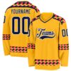Custom Gold Navy Pink Black-White Plaid Hockey Jersey