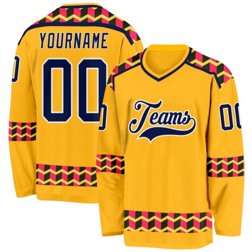 Custom Gold Navy Pink Black-White Plaid Hockey Jersey