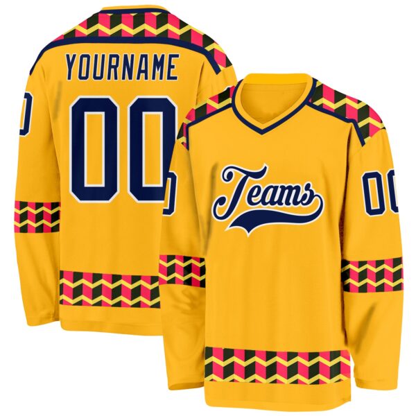 Custom Gold Navy Pink Black-White Plaid Hockey Jersey