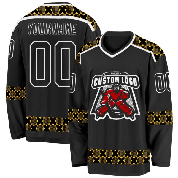 Custom Black Yellow-White Plaid Hockey Jersey