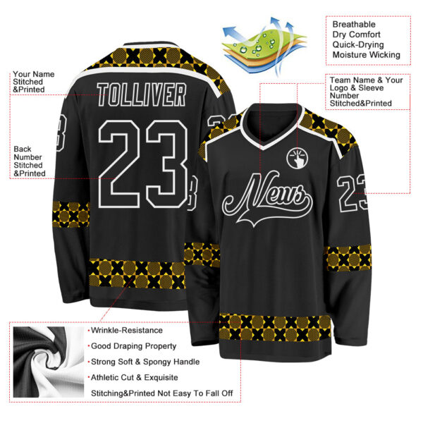 Custom Black Yellow-White Plaid Hockey Jersey