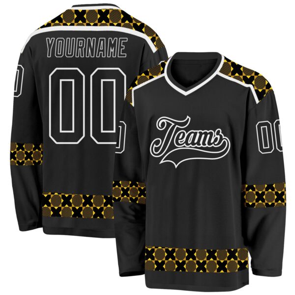 Custom Black Yellow-White Plaid Hockey Jersey