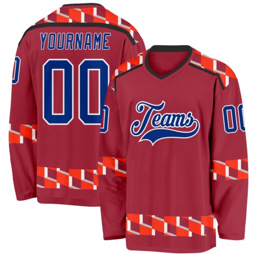 Custom Maroon Royal Orange Black-White Plaid Hockey Jersey