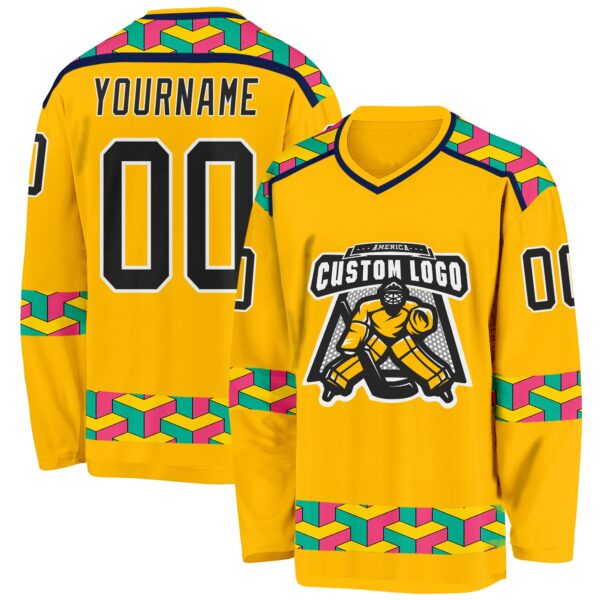 Custom Gold Black Navy Aqua Pink-White Plaid Hockey Jersey