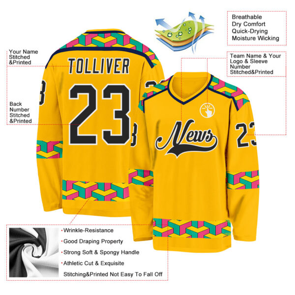 Custom Gold Black Navy Aqua Pink-White Plaid Hockey Jersey