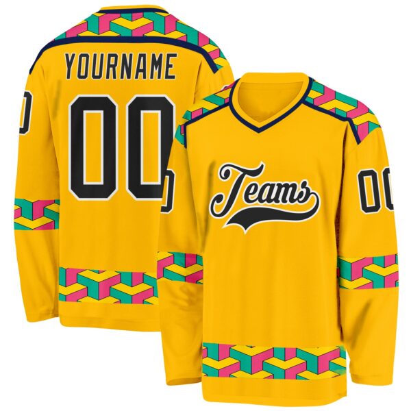 Custom Gold Black Navy Aqua Pink-White Plaid Hockey Jersey