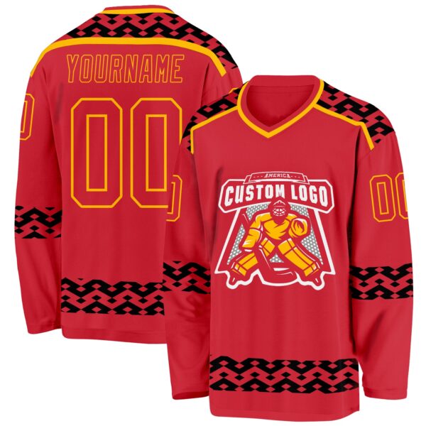 Custom Red Black-Gold Plaid Hockey Jersey