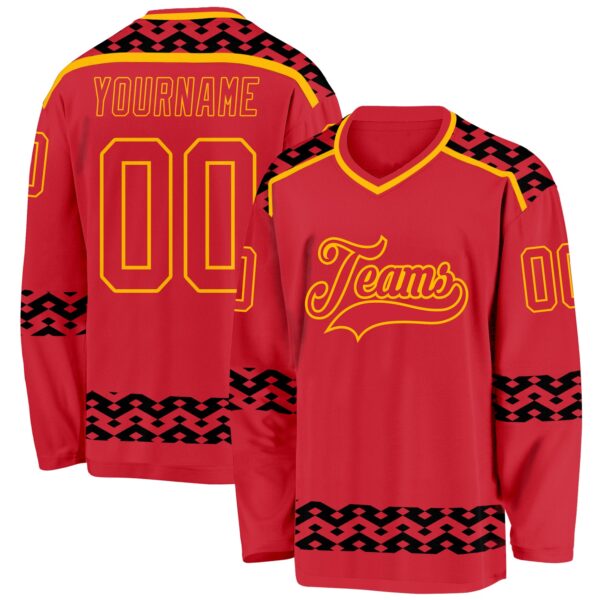 Custom Red Black-Gold Plaid Hockey Jersey
