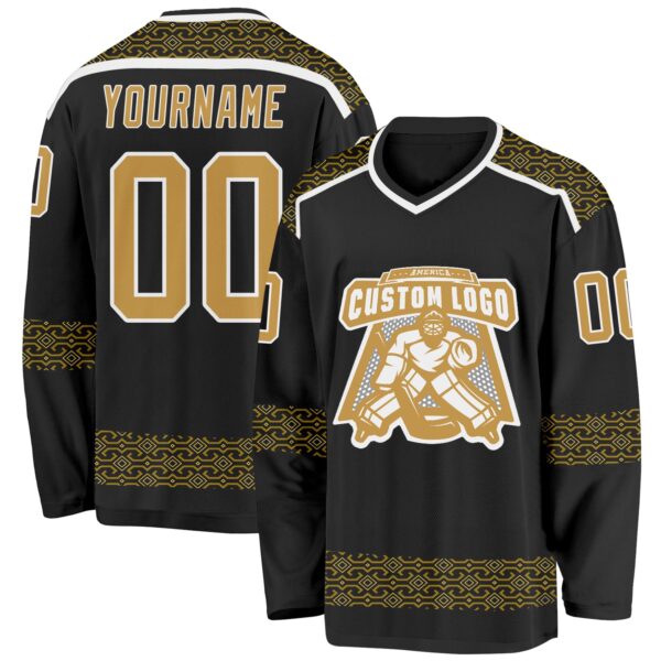 Custom Black Old Gold-White Plaid Hockey Jersey