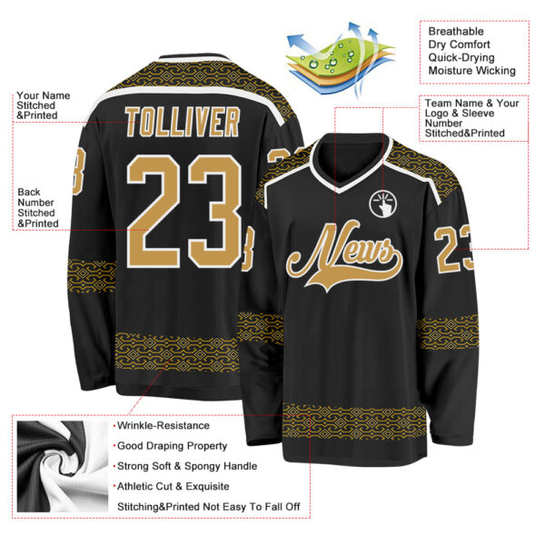 Custom Black Old Gold-White Plaid Hockey Jersey