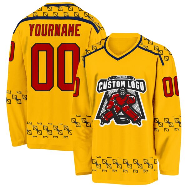 Custom Gold Red Navy-Black Plaid Hockey Jersey
