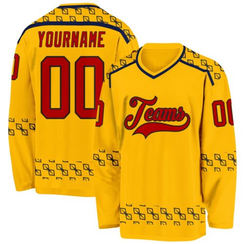 Custom Gold Red Navy-Black Plaid Hockey Jersey