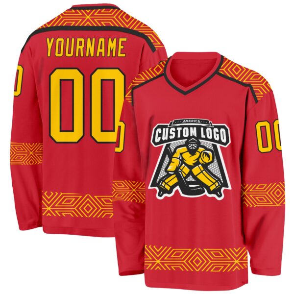 Custom Red Yellow-Black Plaid Hockey Jersey