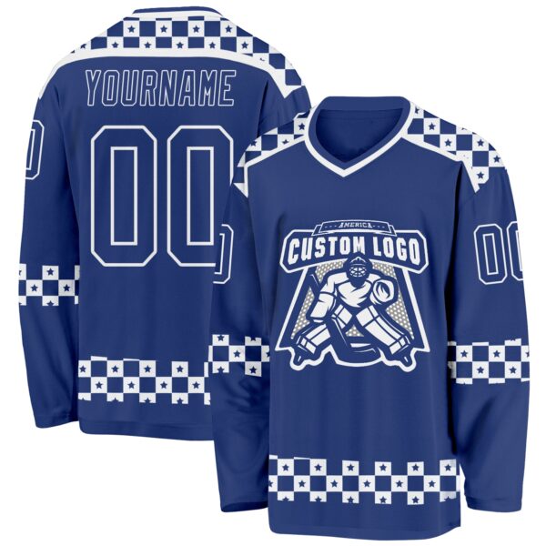 Custom Royal White Plaid Hockey Jersey